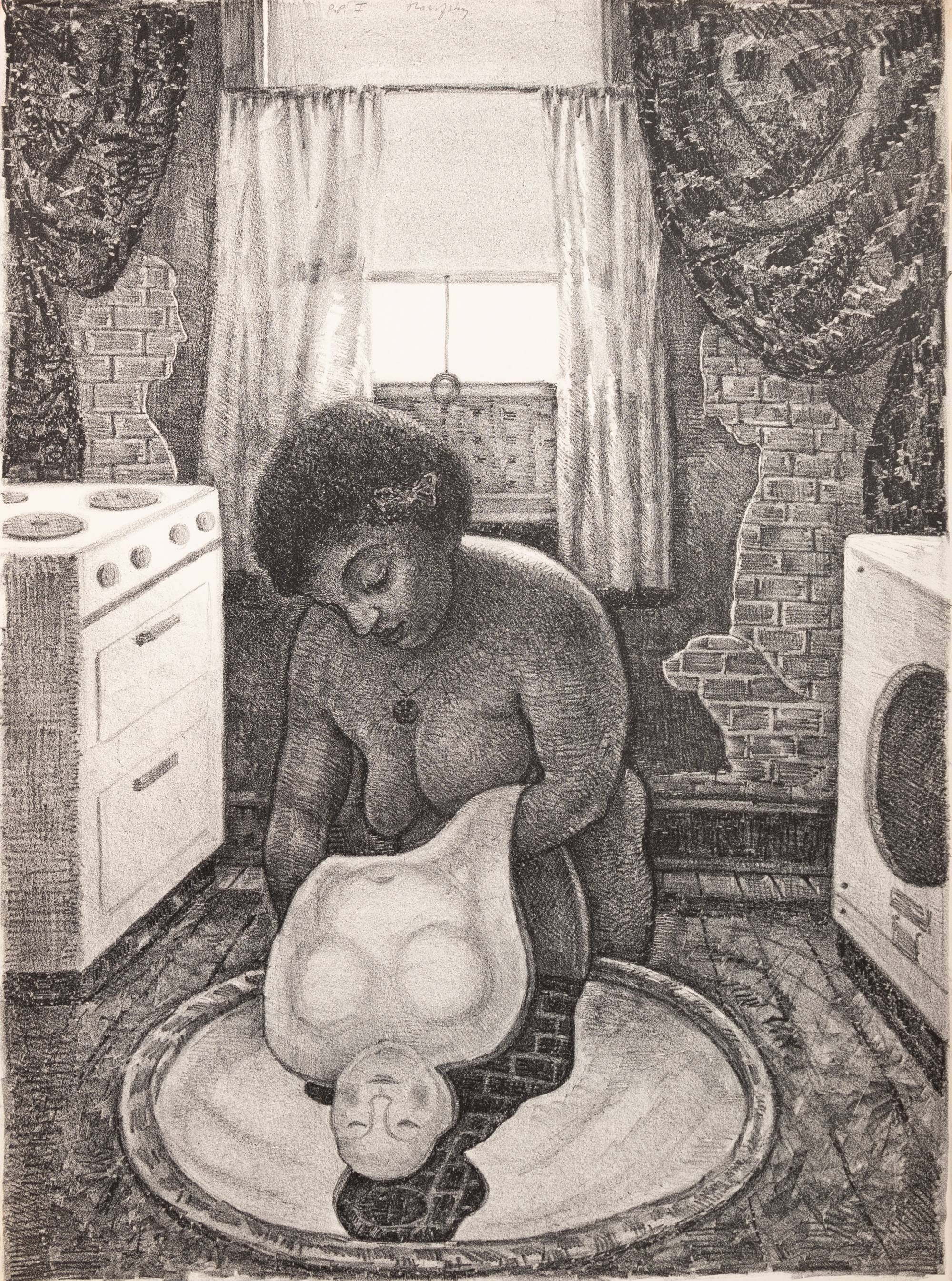 Black adn white print of a woman seated on the floor of a bedroom holding the form of another person.